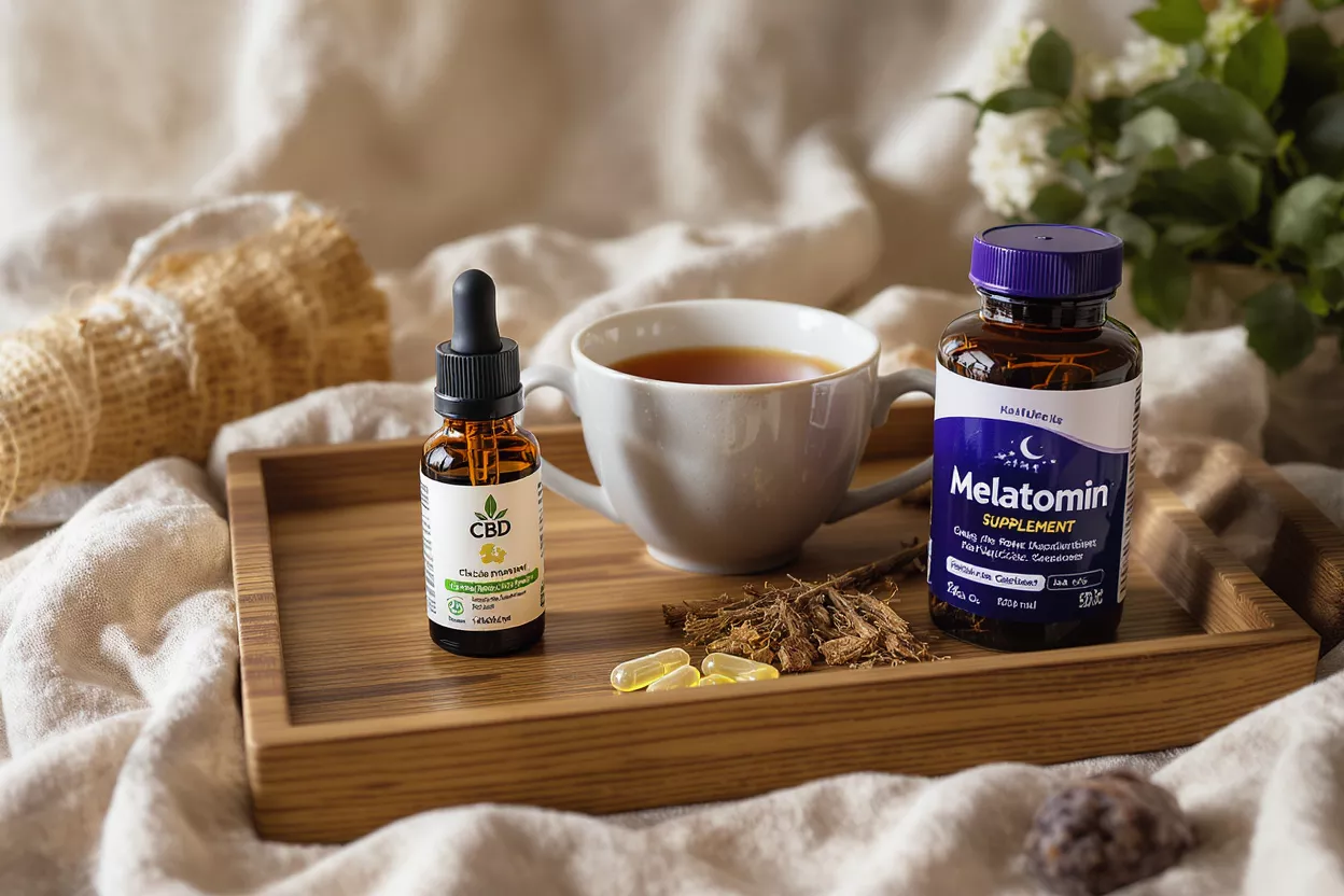 Sleep Aid Essentials CBD oil, melatonin, tea, and herbs on a wooden tray for relaxation.