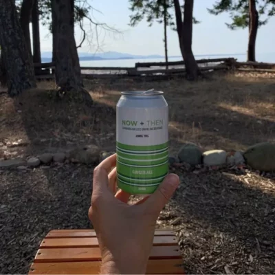 Hand holding NOW + THEN 20mg THC ginger ale can against serene nature backdrop.