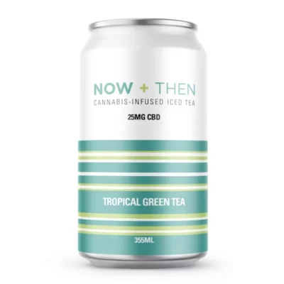 Now + Then CBD-infused Tropical Green Tea, 355mL can on white background.