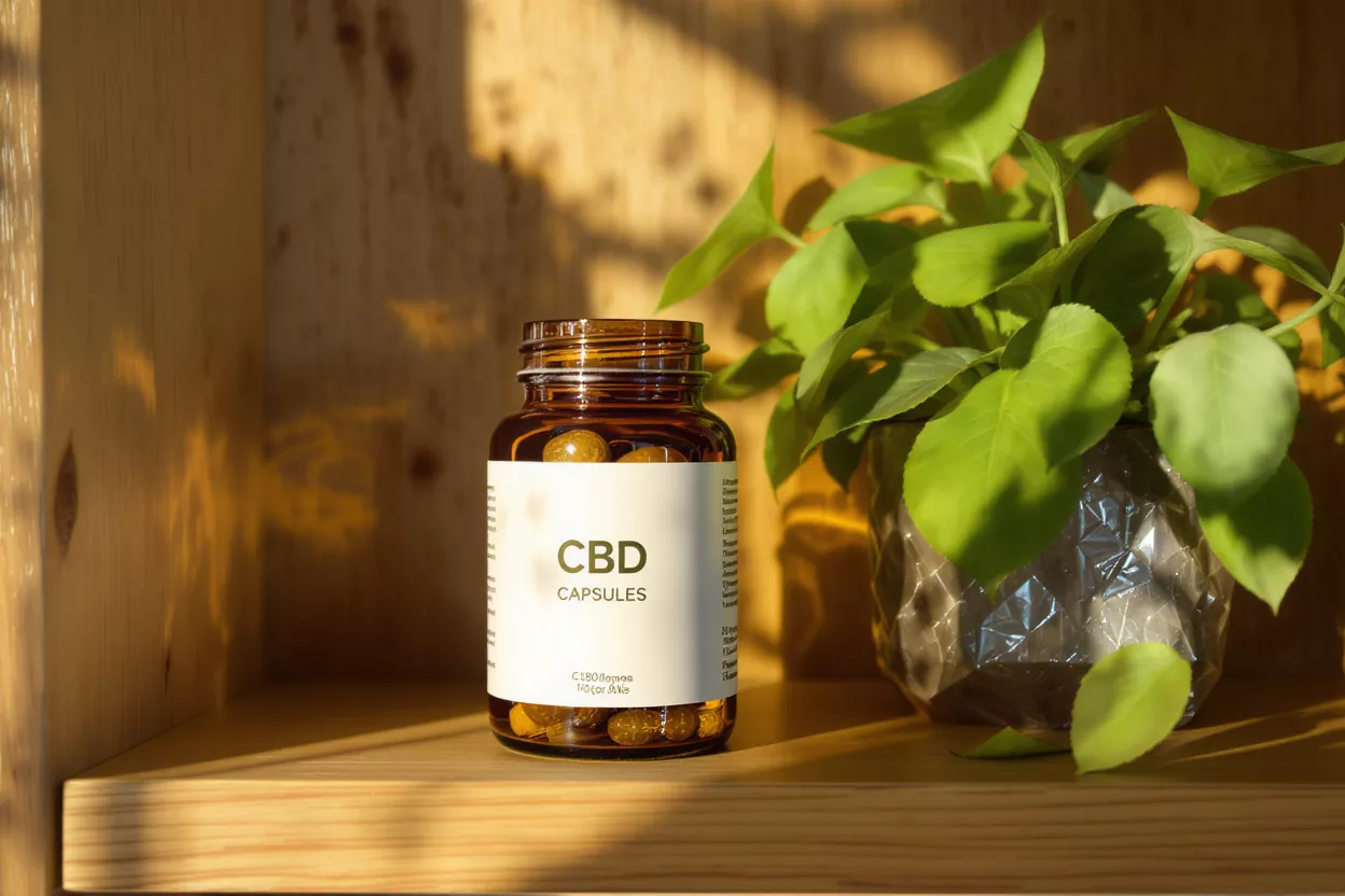 CBD Capsules Bottle with Plant Amber glass bottle of CBD capsules next to a green plant in sunlight.
