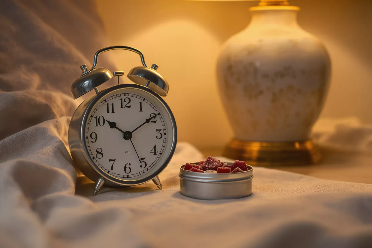Bedside Alarm Clock and Gummies An alarm clock and a tin of red gummies on a bedside table with a lamp.
