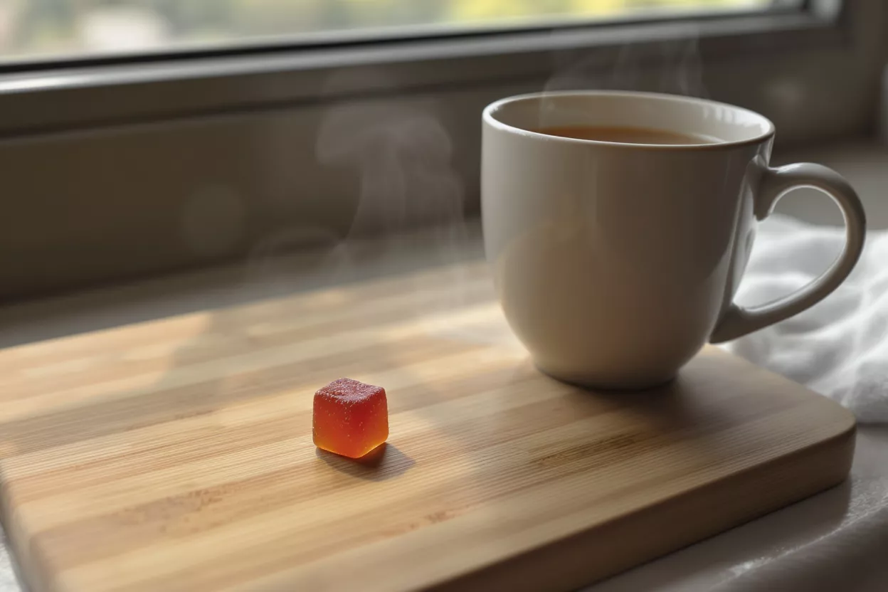 Gummy and Tea by Window A red gummy cube and steaming mug of tea on a wooden board.