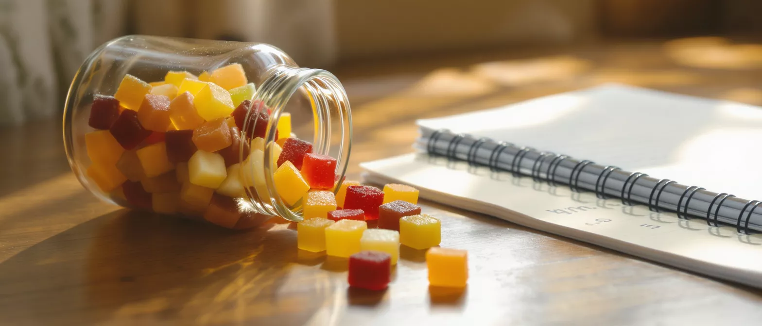 A glass jar spilling colorful gummy candies next to a spiral-bound notebook on a wooden table.