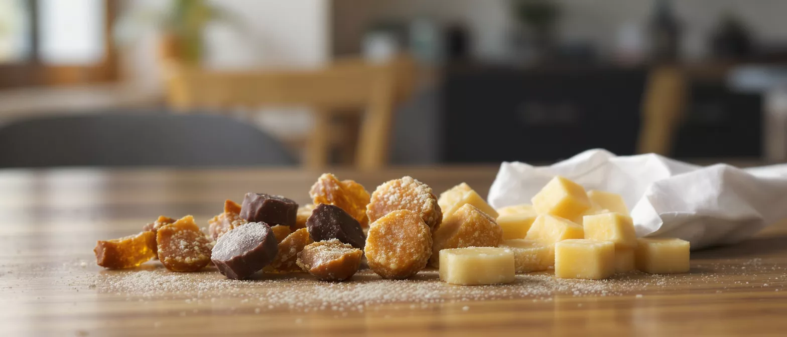 A variety of dried fruits and snacks on a wooden table