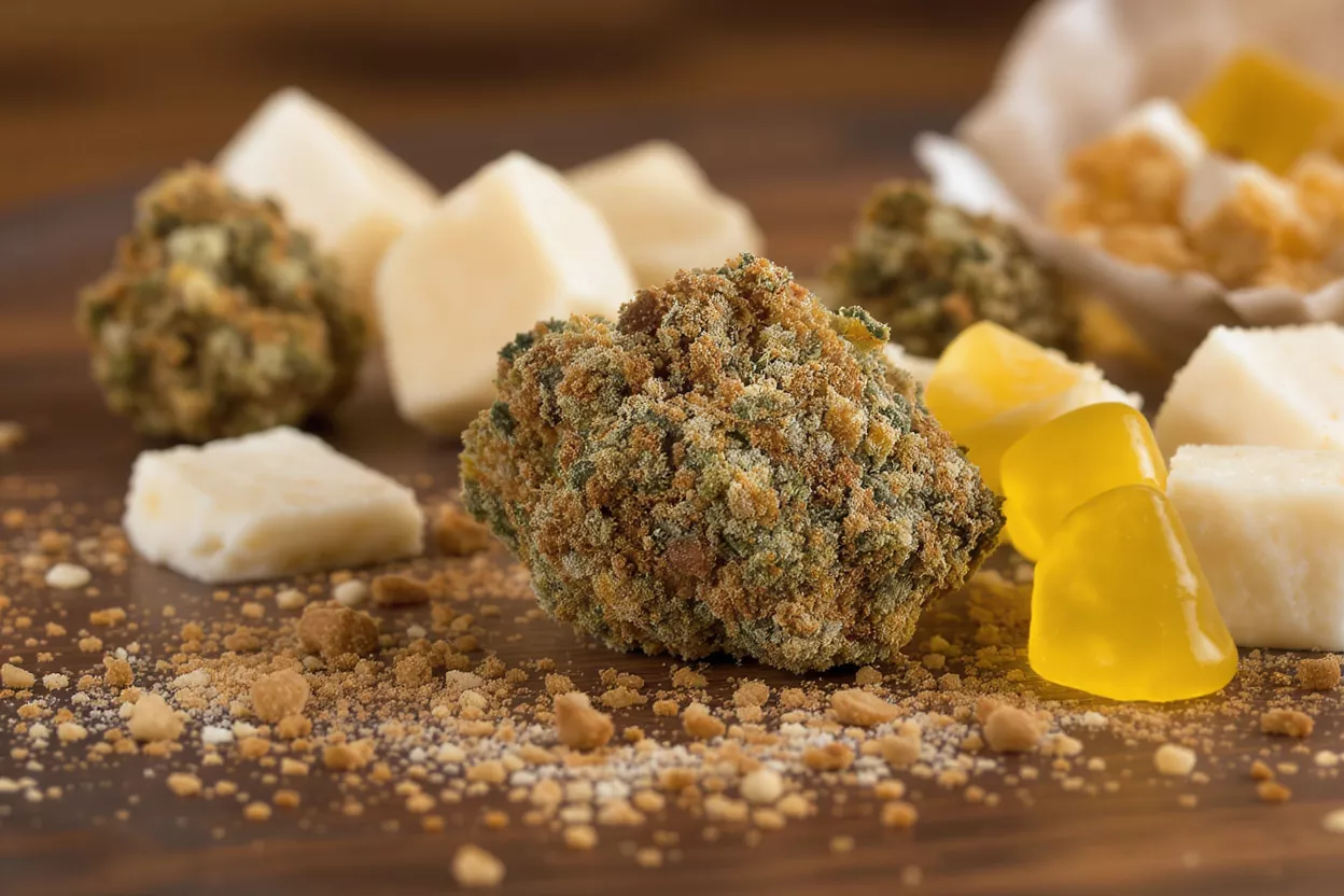Cannabis buds alongside various edible treats