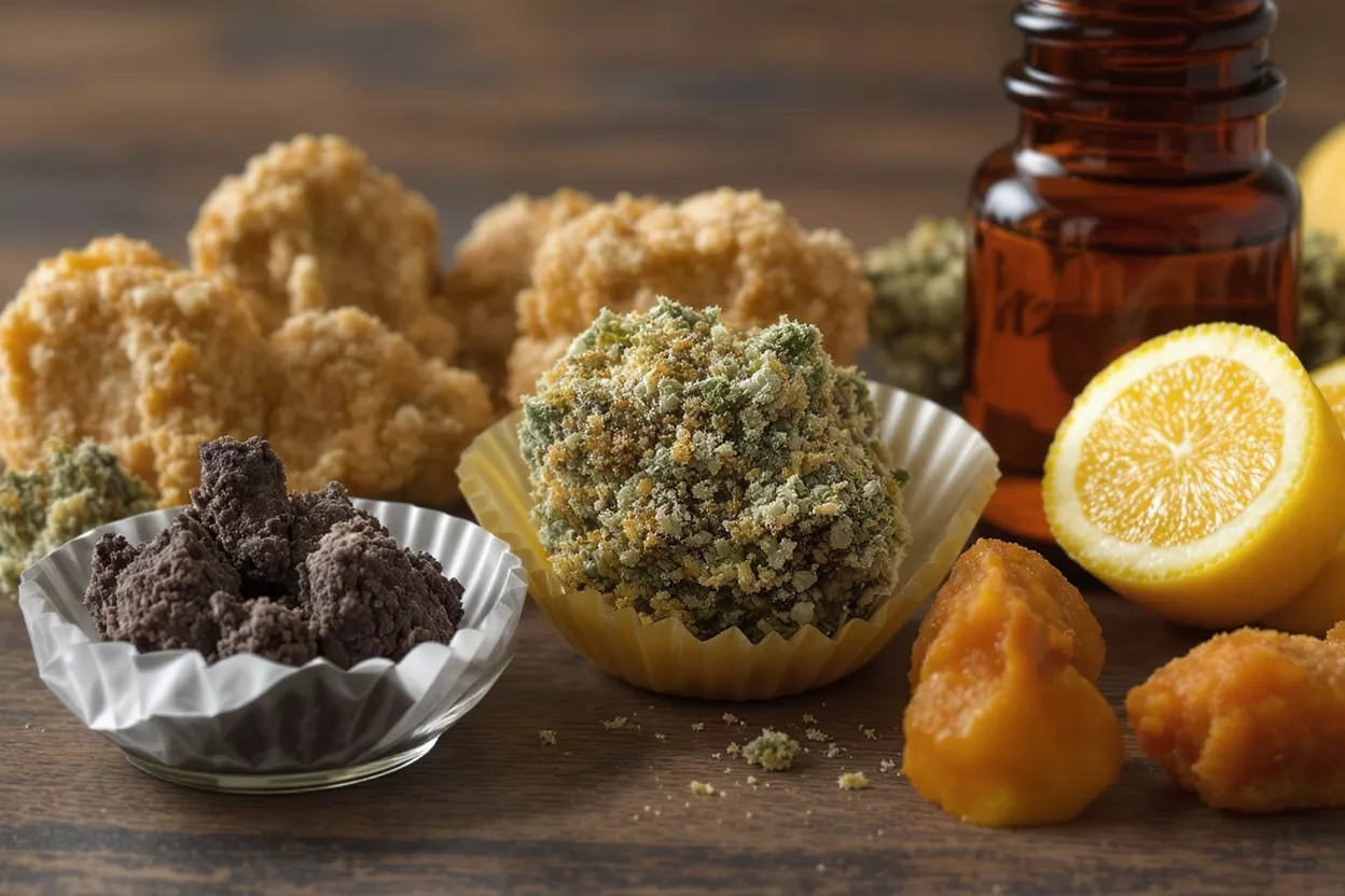 Variety of cannabis edibles and lemon slices