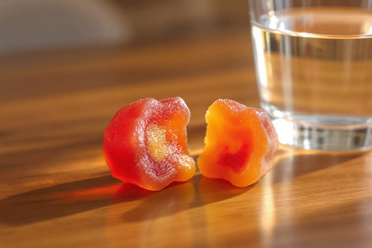 Halved Gummy Candy with Water A red and orange gummy candy, halved, next to a glass of water.