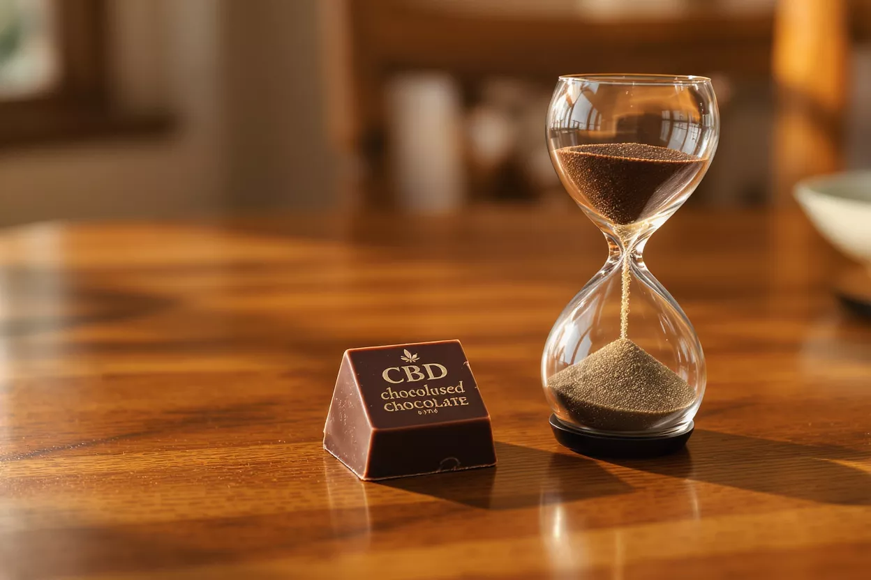 CBD Chocolate and Hourglass A CBD chocolate next to an hourglass on a wooden table.