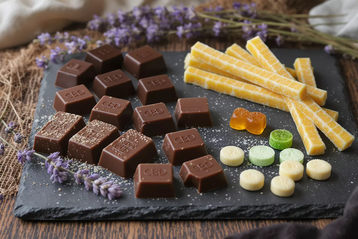 Assorted CBD Edibles on Slate CBD chocolates, gummies, and candy on a slate board with lavender.