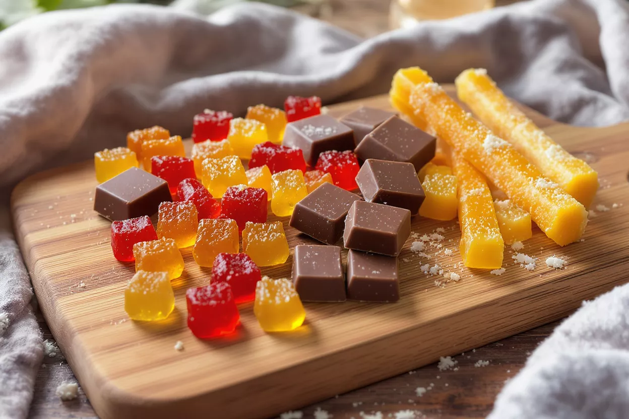 Colorful gummies, chocolate squares, and candied fruit strips on a wooden board.