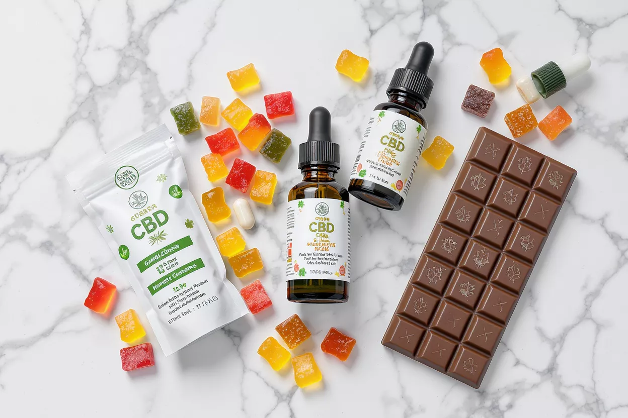 CBD Products Assortment CBD gummies, oil, and chocolate bar on a marble surface.