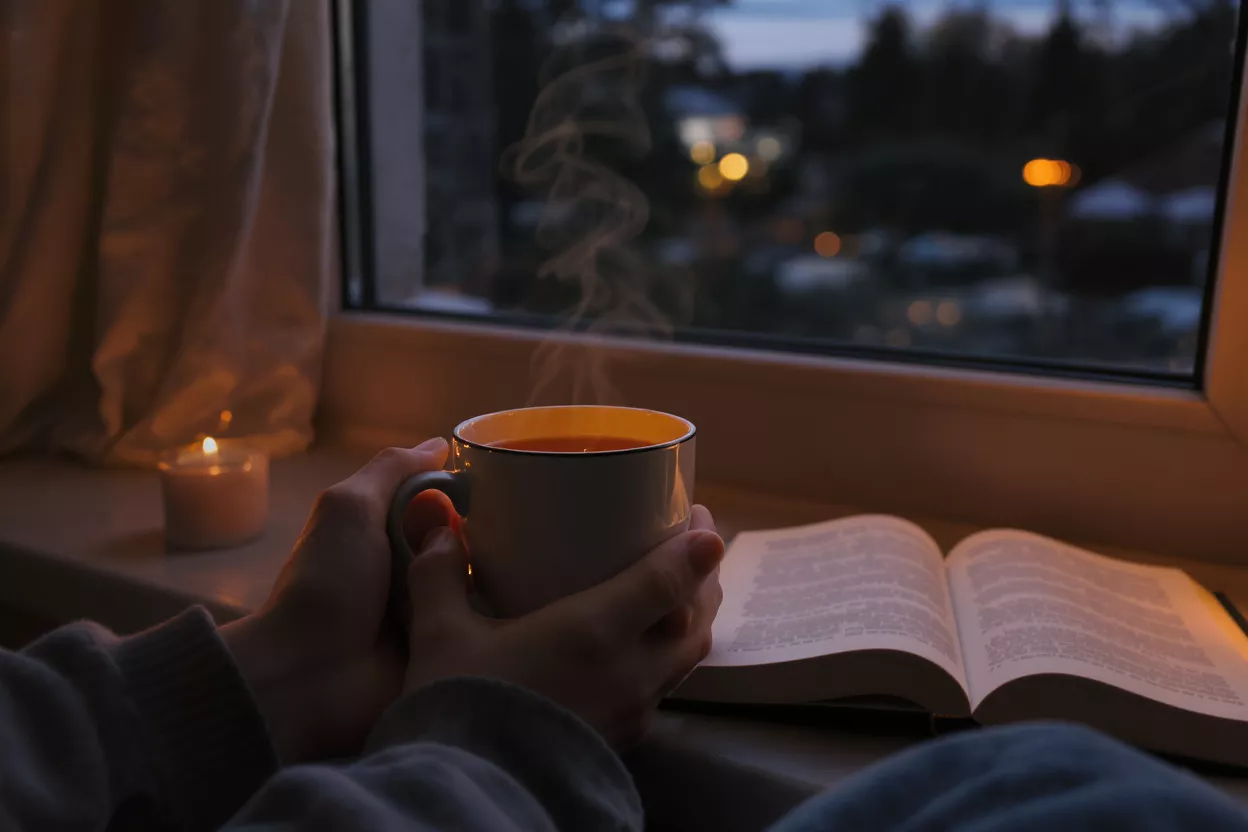 Cozy Evening Reading Hands holding a steaming mug, open book, and candle by a window at dusk.