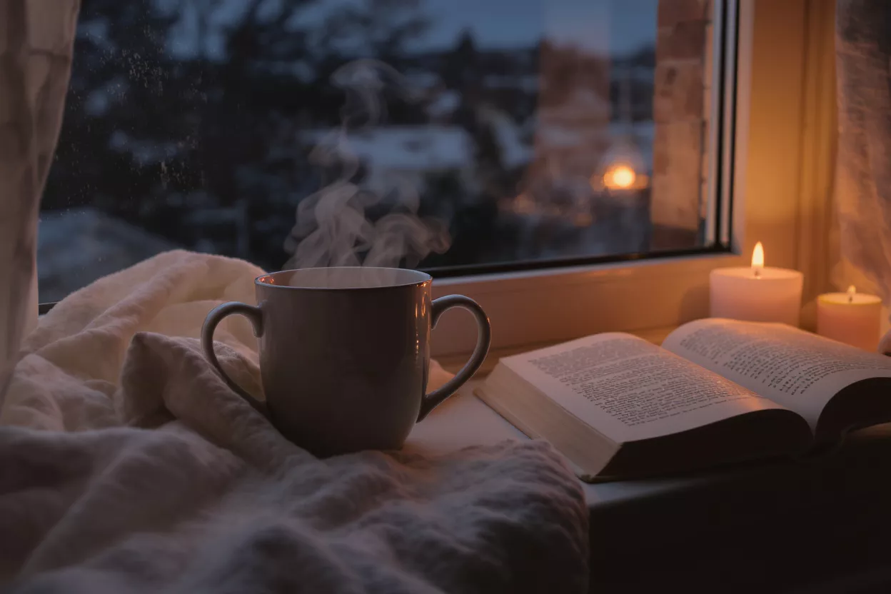 Steaming mug, open book, and candles on a windowsill during a winter evening.