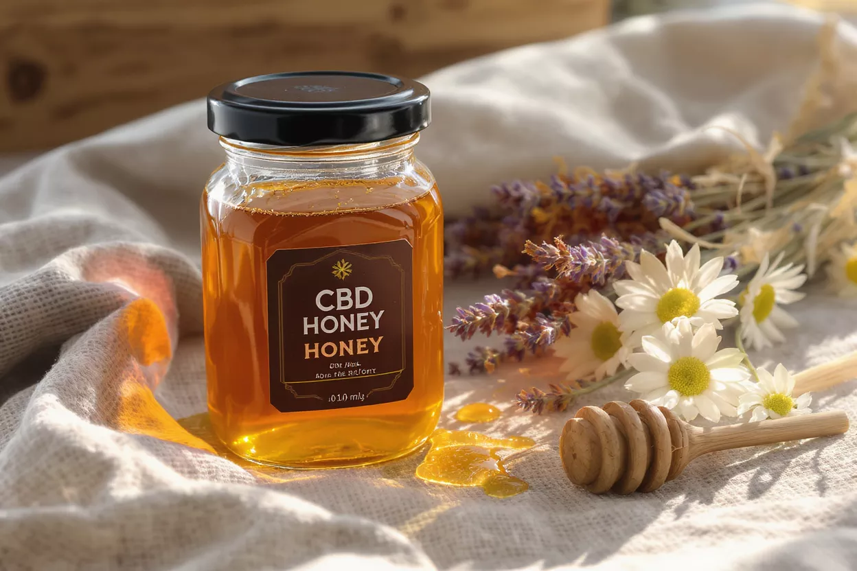 CBD Honey Jar with Lavender and Daisies CBD honey jar, honey dipper, lavender, and daisies on a textured white cloth.