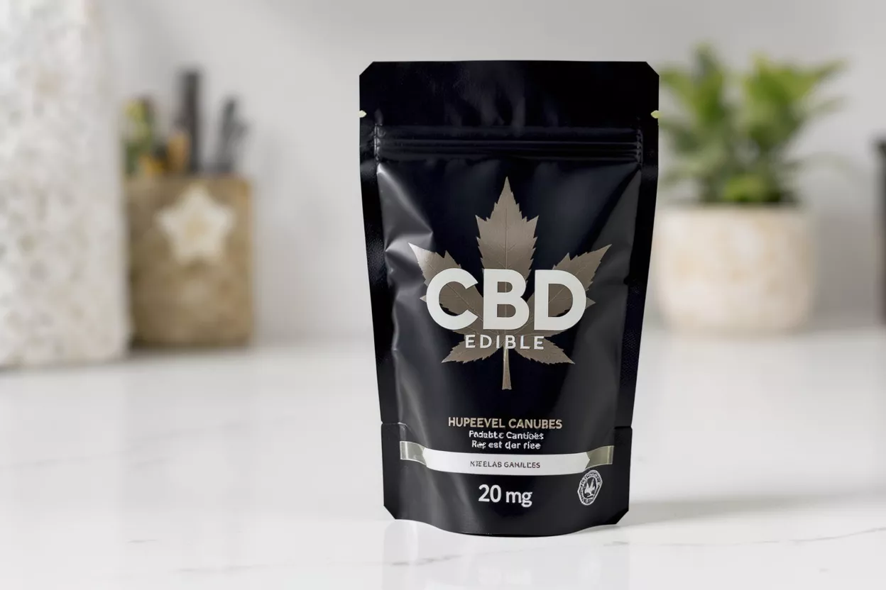 CBD Edible Pouch 20mg Black CBD edible pouch with silver cannabis leaf logo and 20mg dosage.