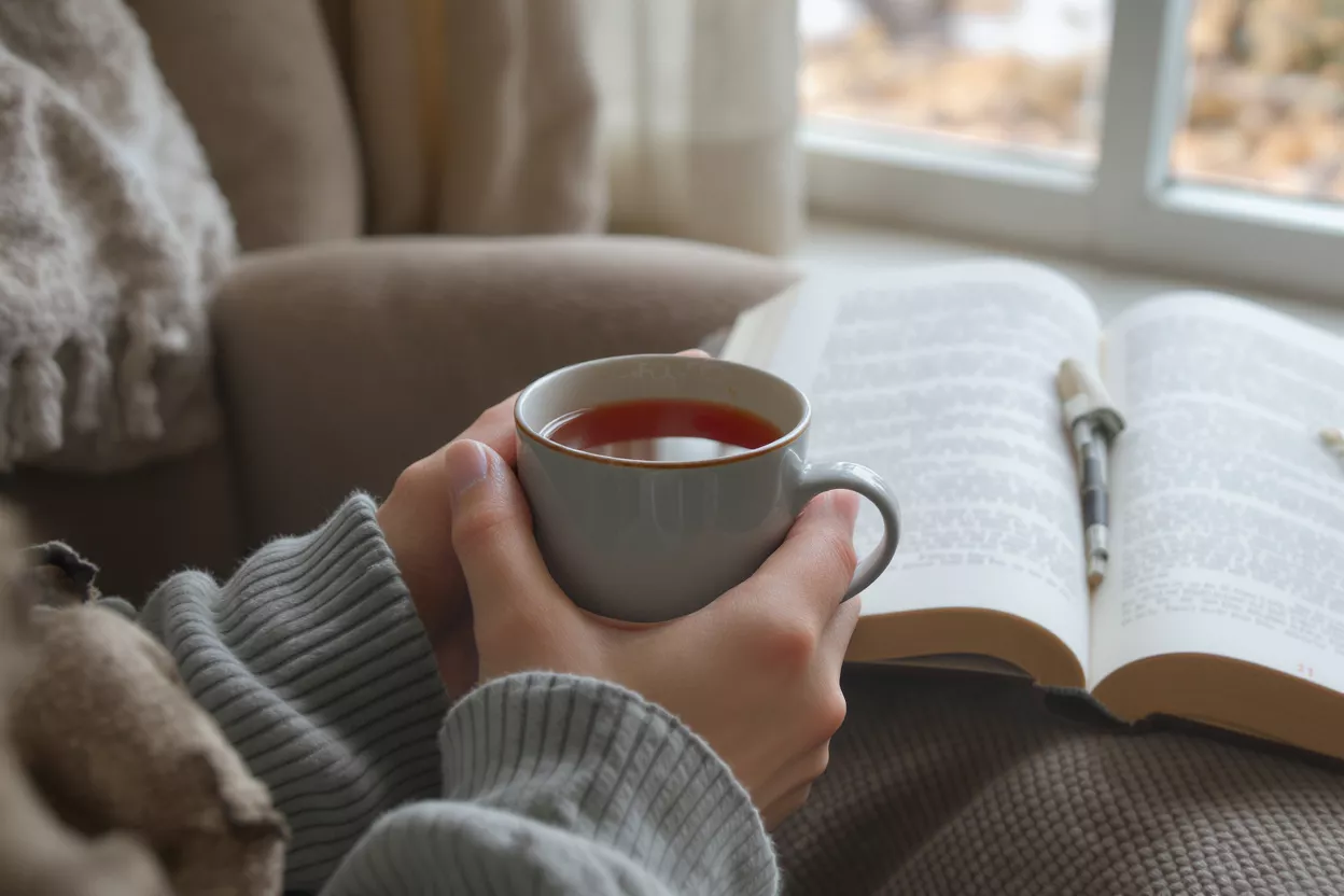Cozy Reading with Tea Hands holding a warm cup of tea beside an open book near a window.