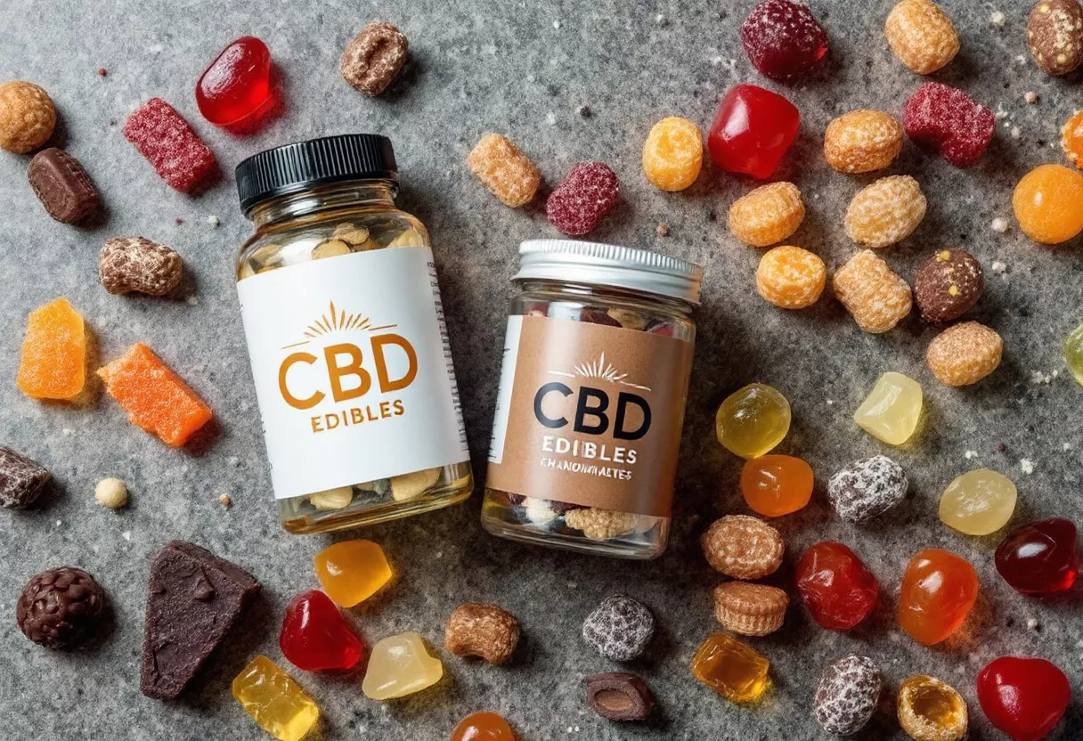 Variedad de Comestibles de CBD Surtido de comestibles de CBD en frascos y sueltos sobre una superficie