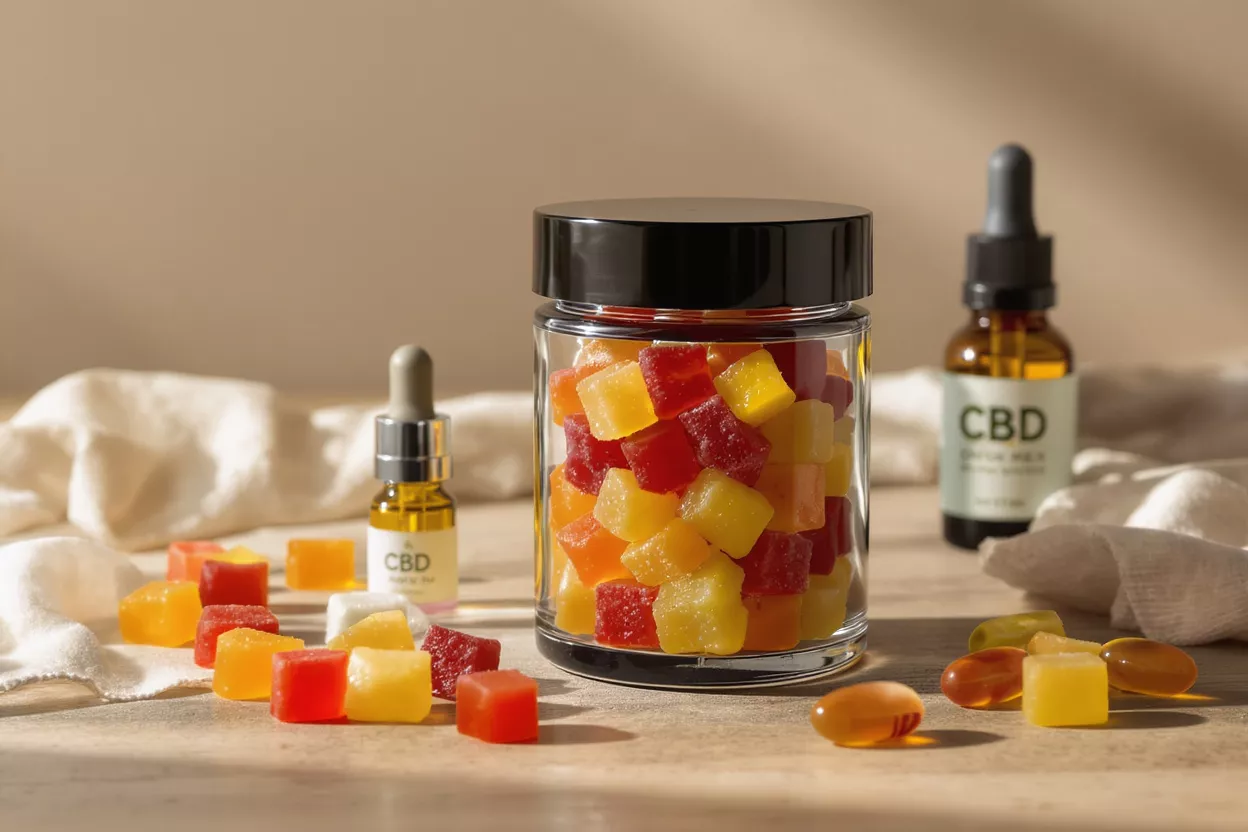 Colorful CBD gummies in a jar with oil bottles