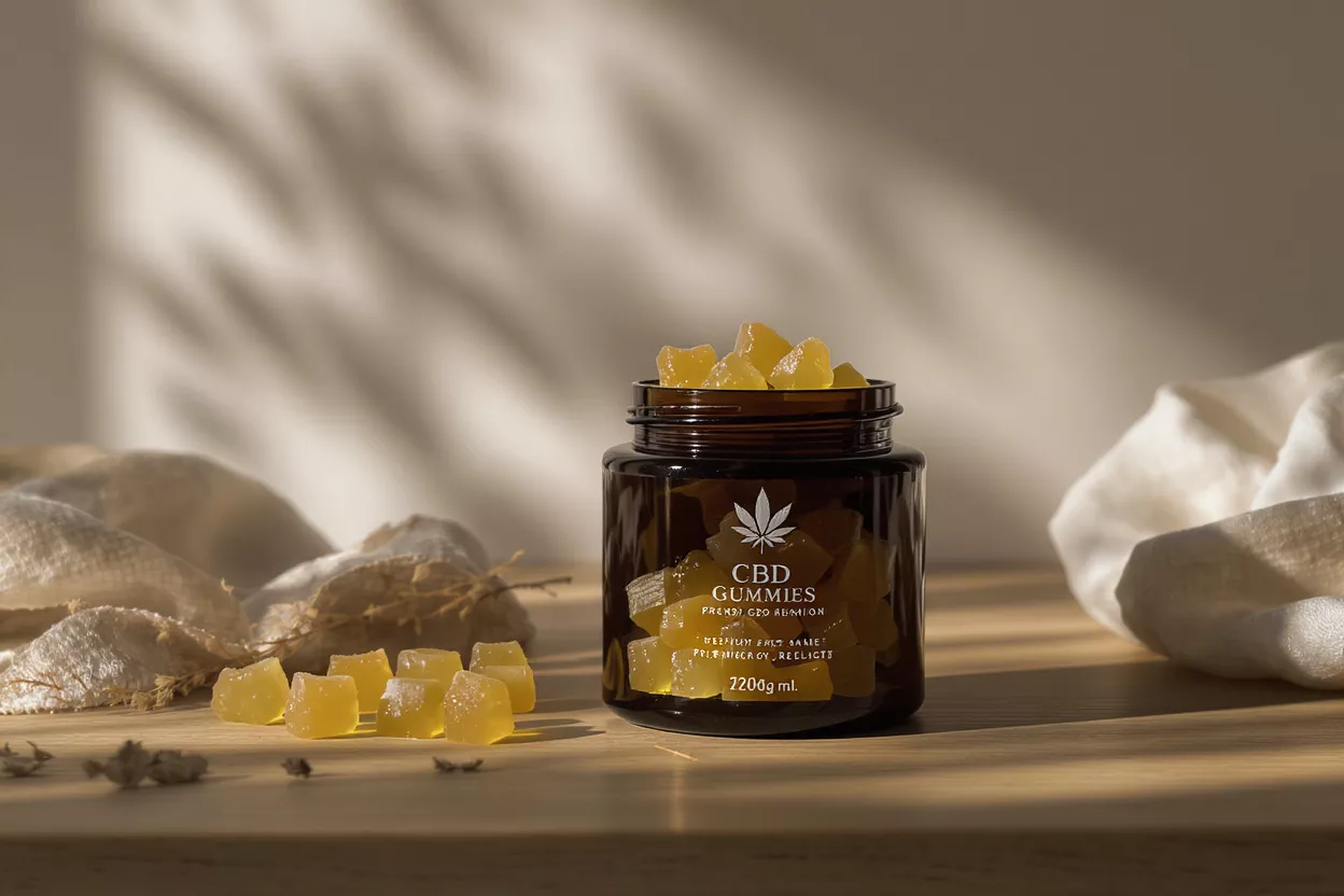 Jar of yellow CBD gummies on wooden table