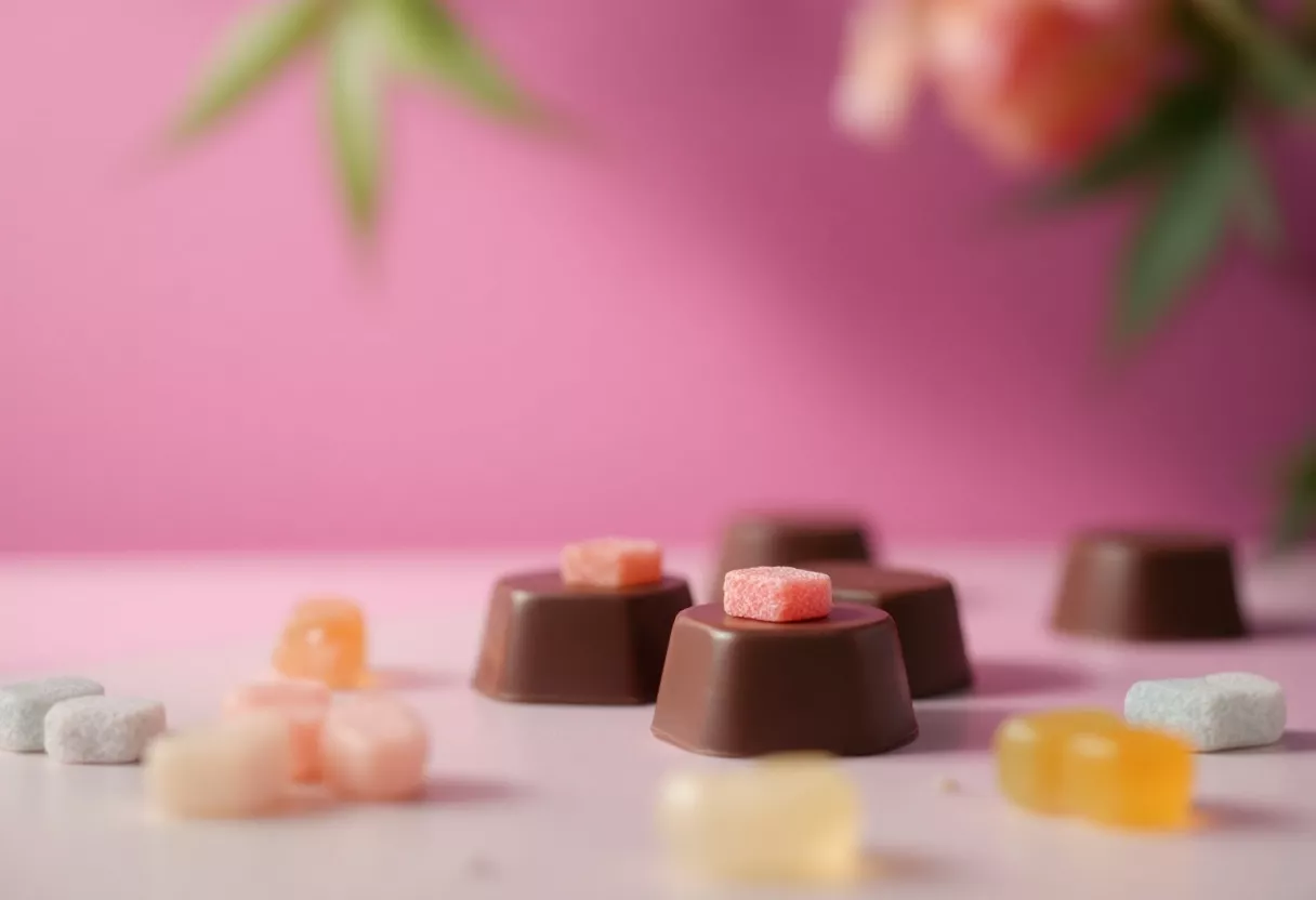 Deliciosos Dulces de Chocolate Dulces de chocolate con gomitas de colores sobre fondo rosa