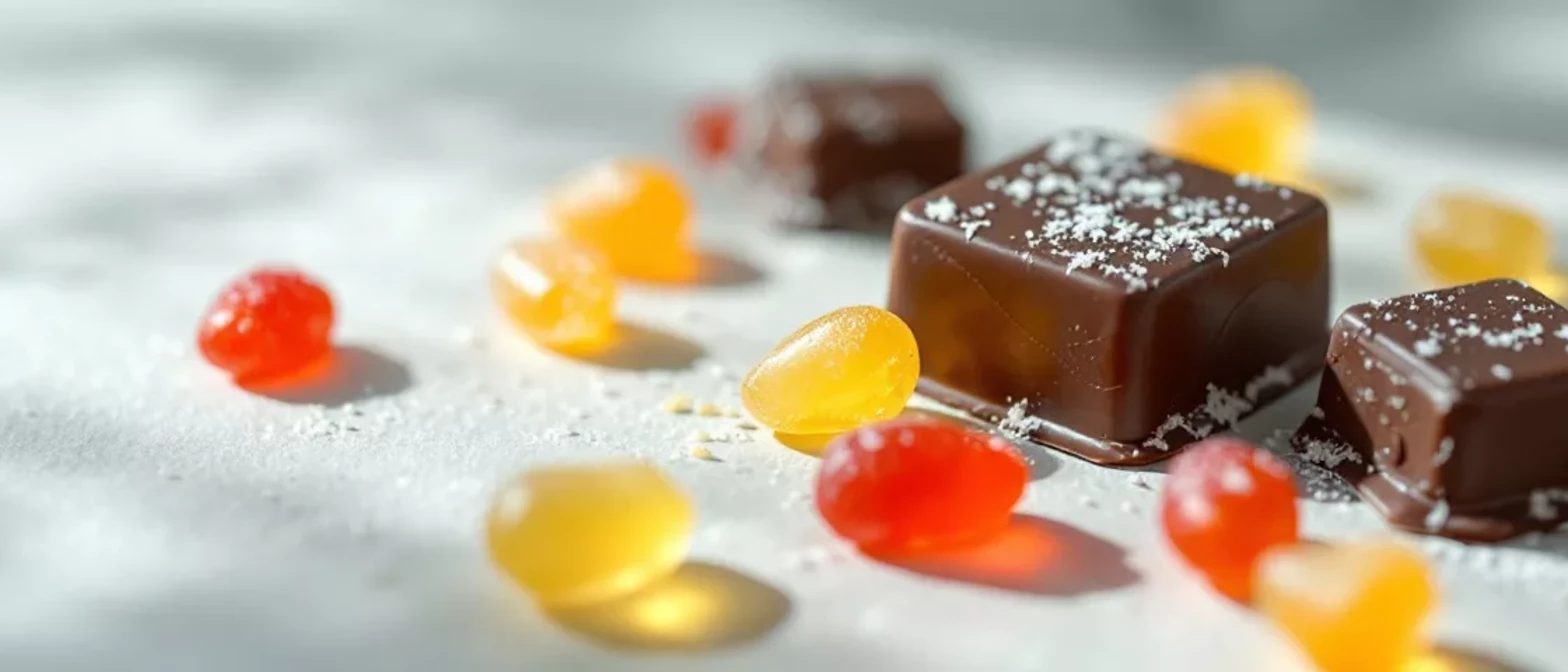 Surtido de trozos de chocolate y caramelos de goma sobre una superficie