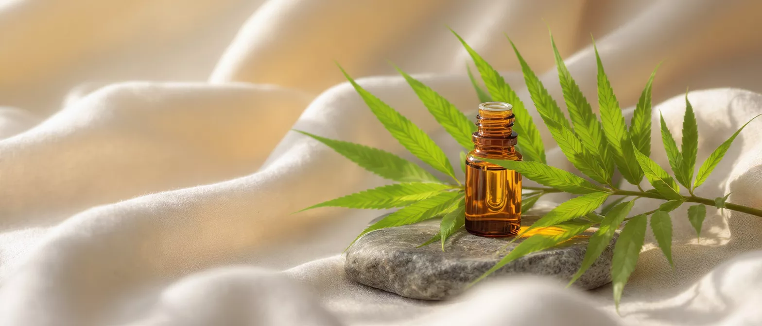 Hemp oil bottle surrounded by green leaves