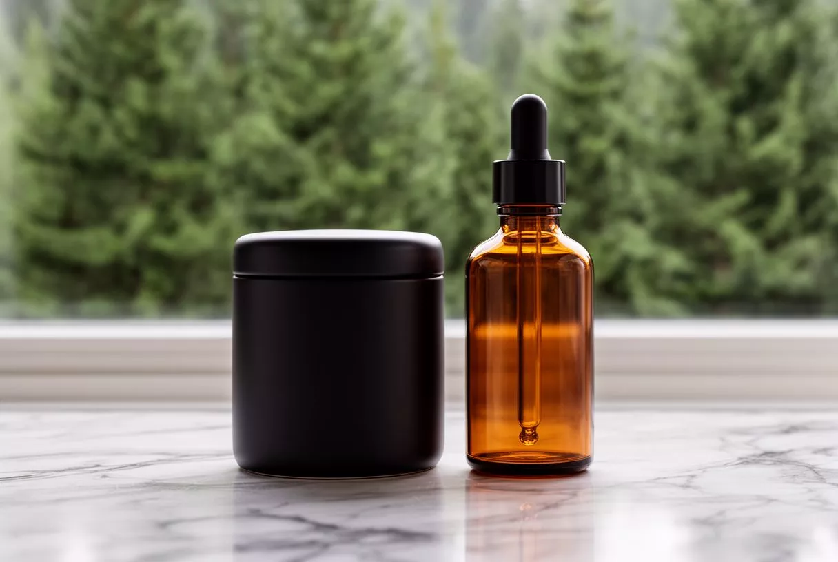 Teintures, Gommes et Baume au CBD Quatre flacons de teinture au CBD, un tas de gommes et un petit récipient de baume.