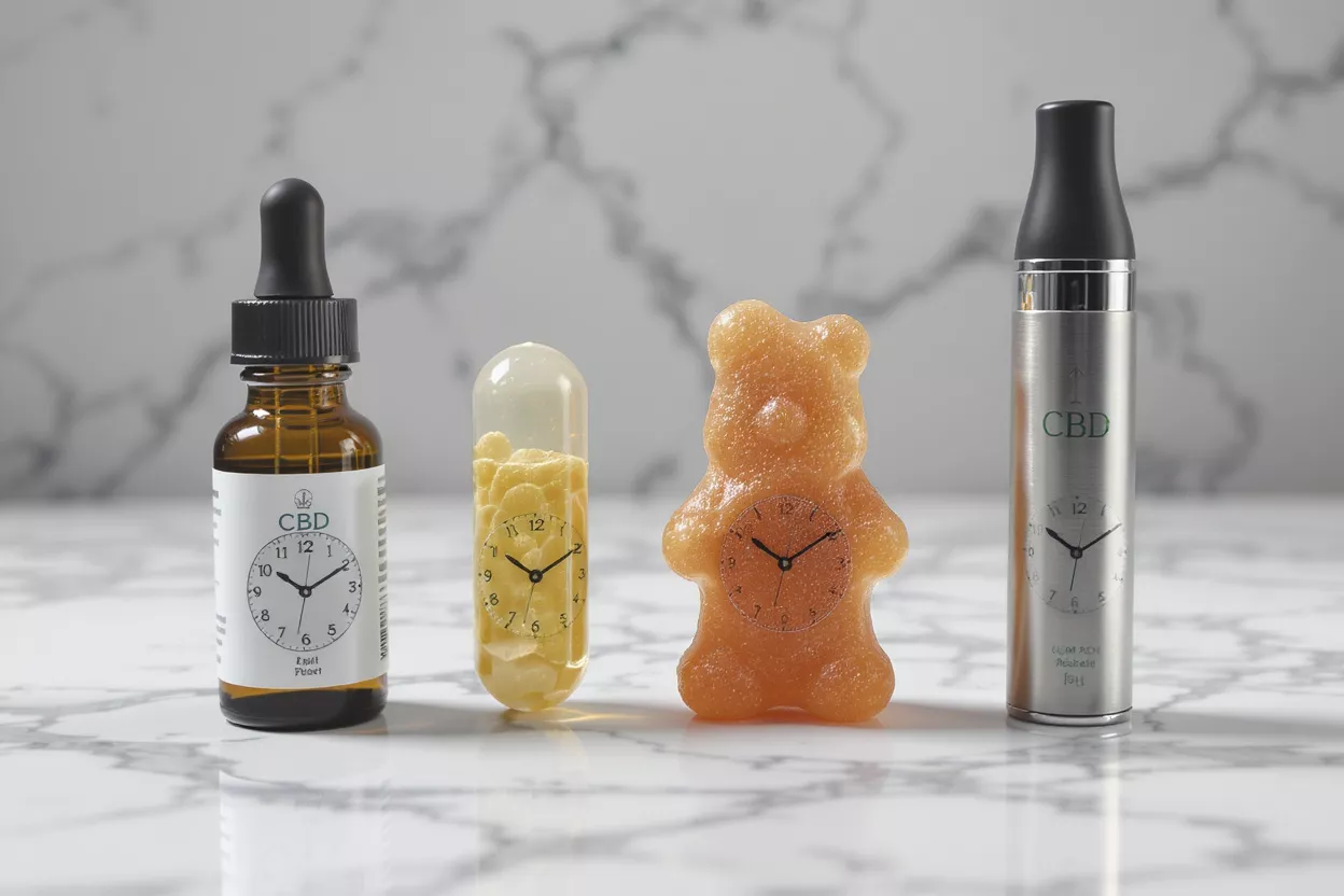Four CBD products: oil, capsule, gummy bear, and vape, each with a clock face.