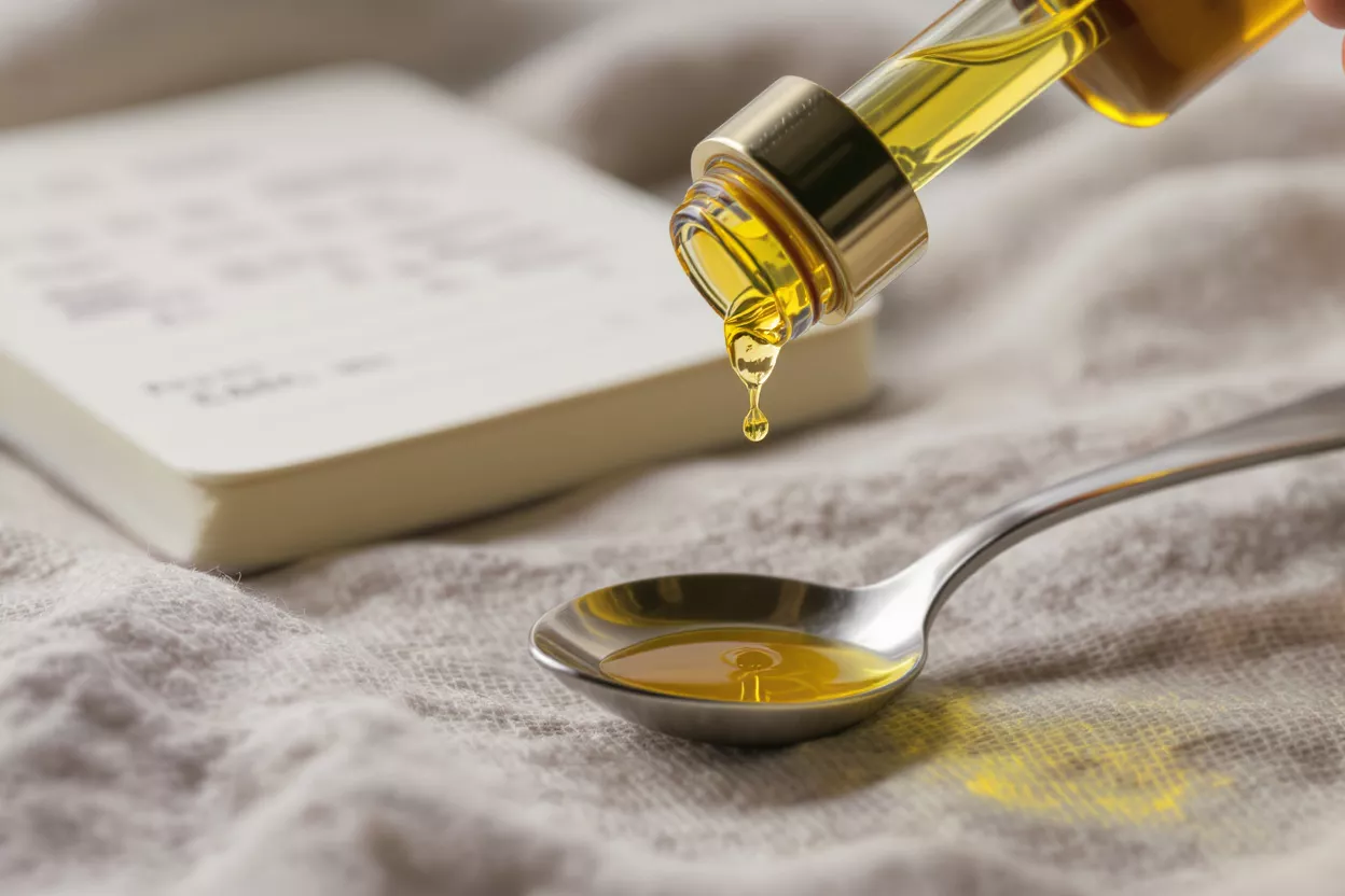 Amber dropper bottle, wooden spoon, and open notebook on a marble surface.