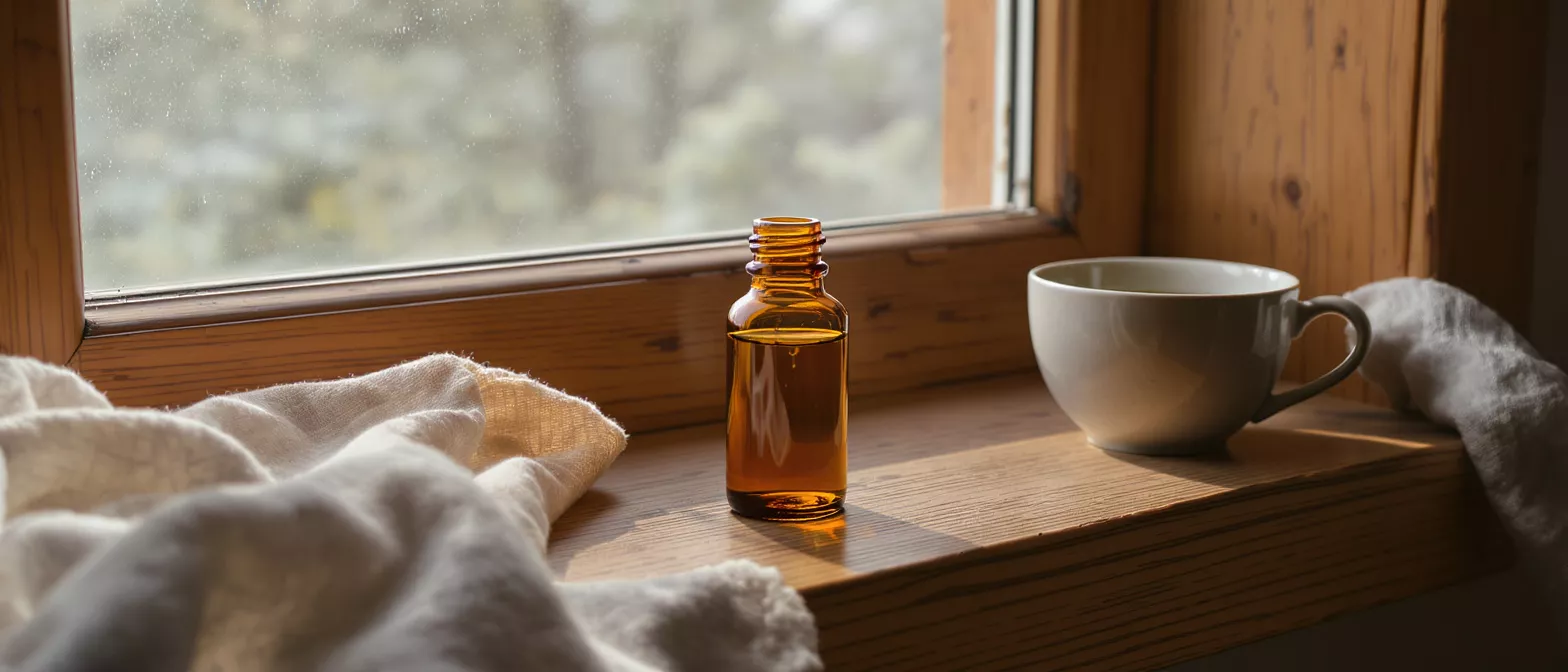 Amber essential oil bottle, white mug, and cloth on a sunlit wooden windowsill.