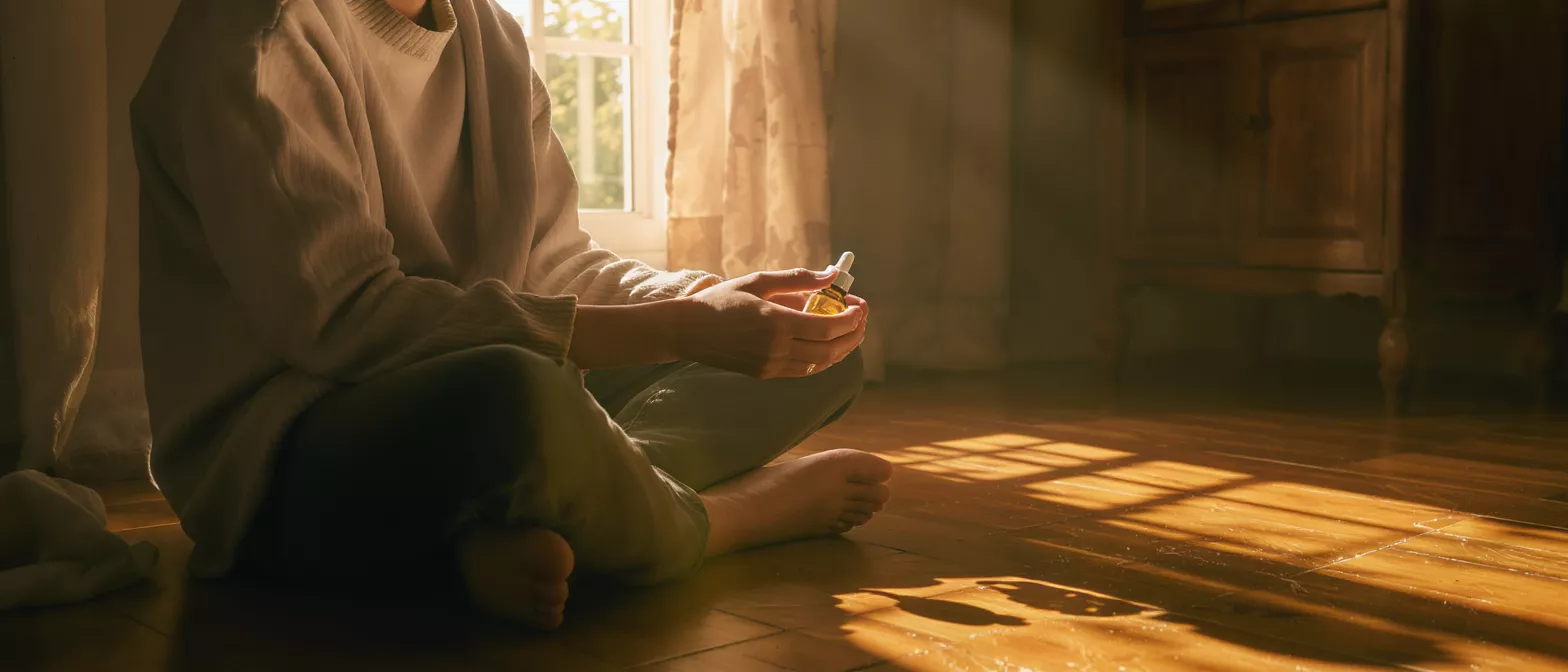 Person sitting on a wooden floor, holding a dropper bottle in warm sunlight.