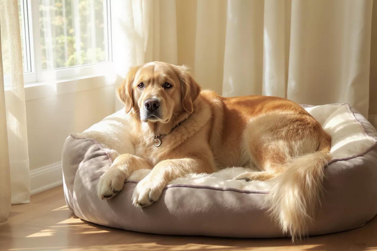 A golden retriever dog lying comfortably in a soft, round dog bed by a sunlit window.