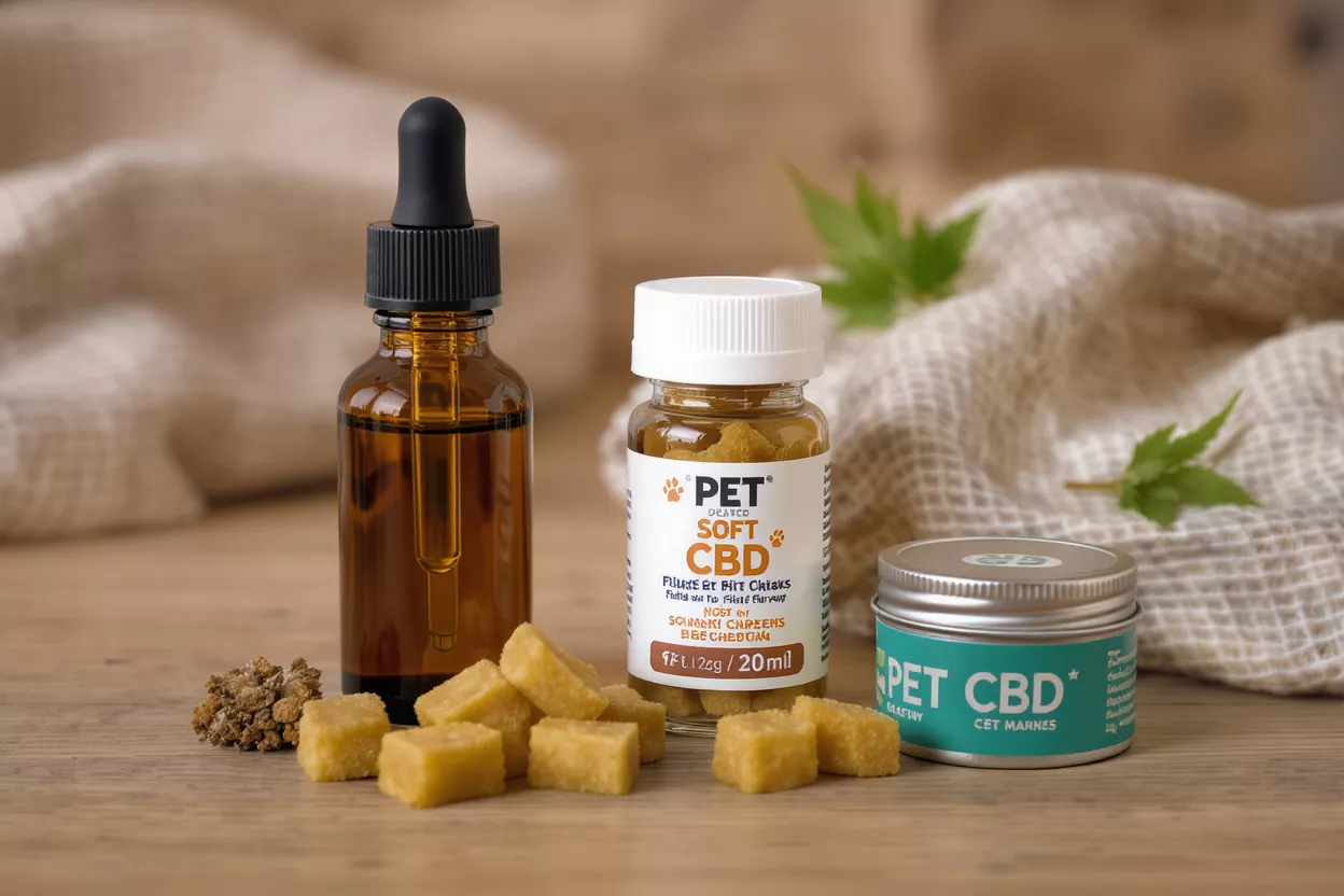 Pet CBD oil, softgels, and cream on a wooden surface with a cloth.