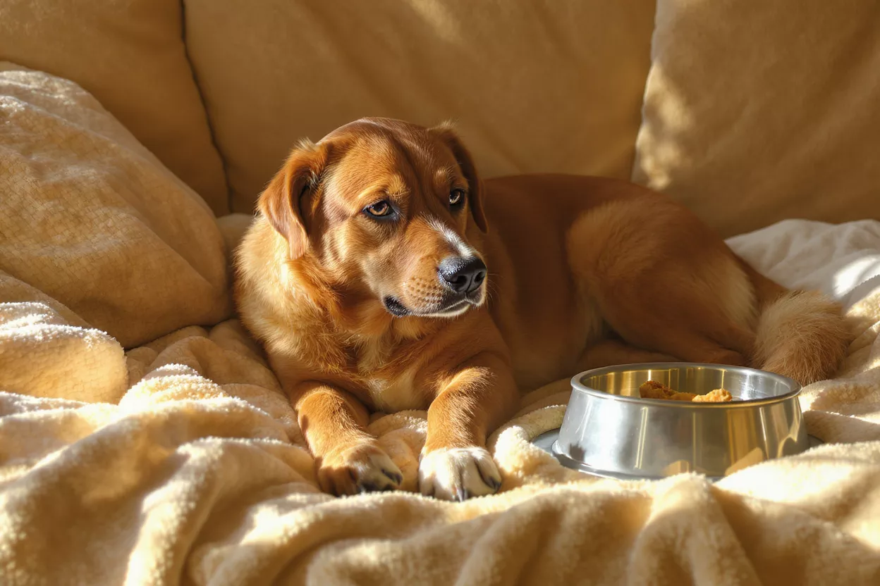 A golden retriever mix dog lying on a cozy blanket with a food bowl.