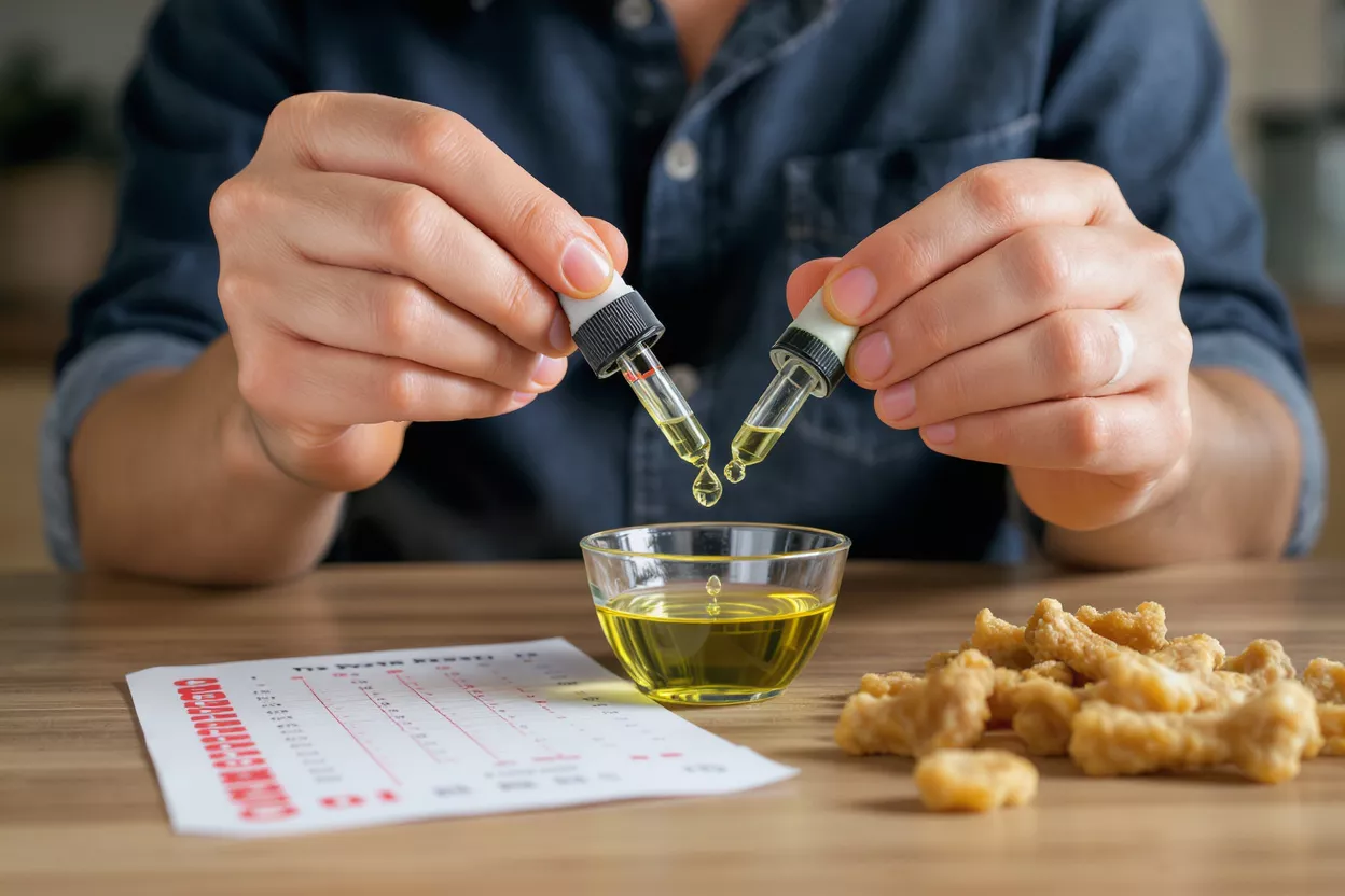 Close-up of hands adding drops of yellow liquid from two droppers into a glass bowl.