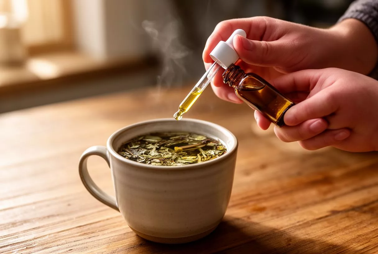 Hands adding CBD oil from a dropper bottle into a steaming cup of herbal tea.