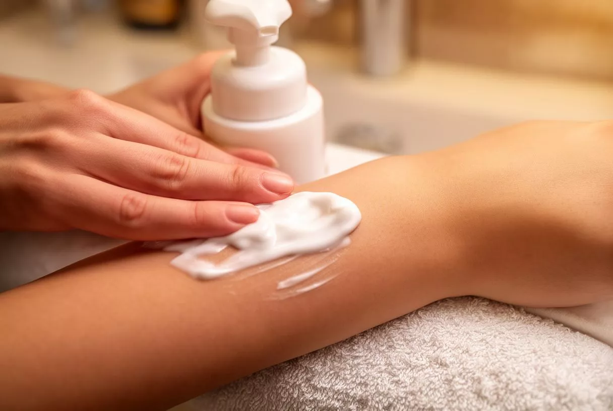 Close-up of hands applying white foaming lotion to a person's arm.
