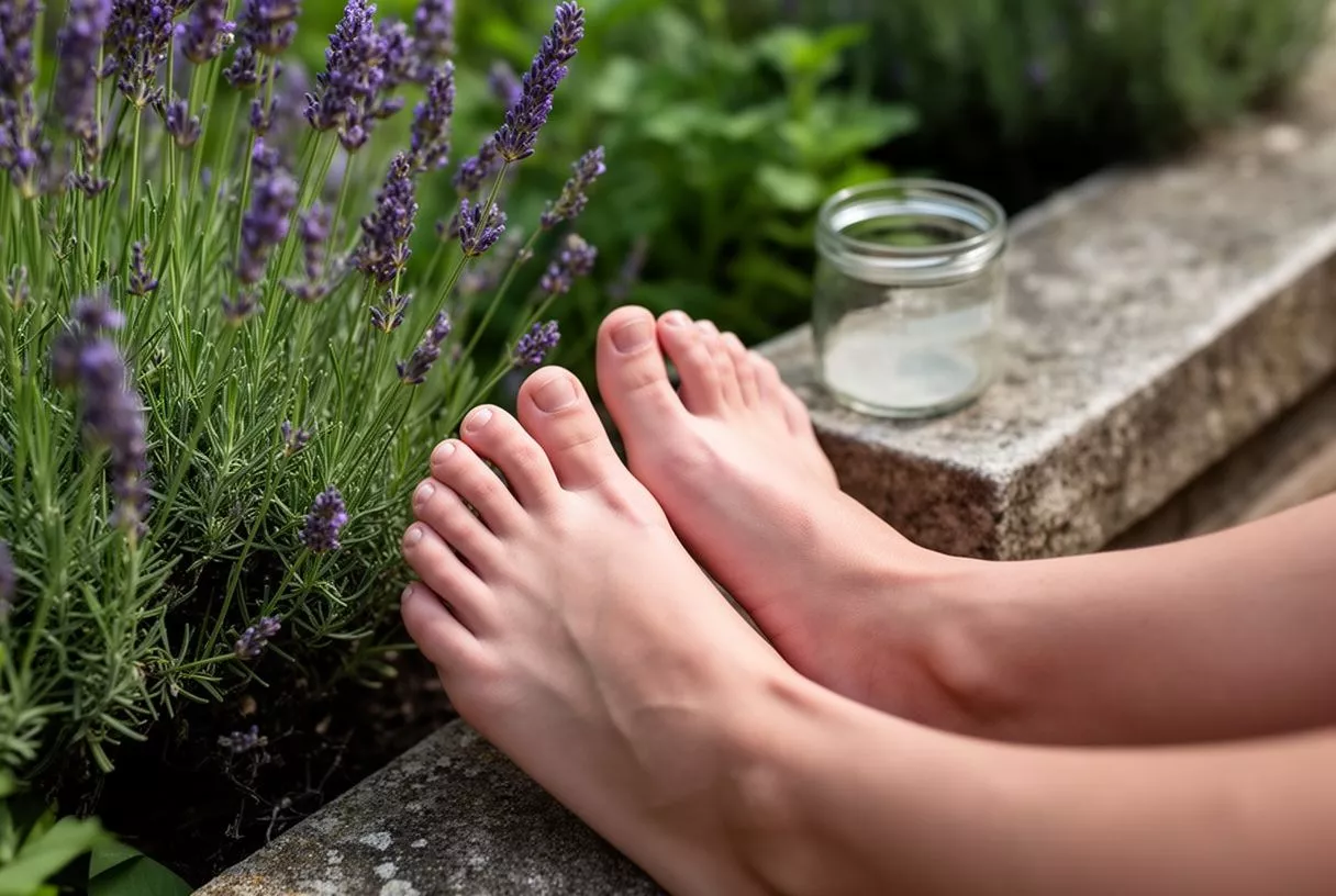 Bare feet resting next to a lavender plant and a small jar of cream.