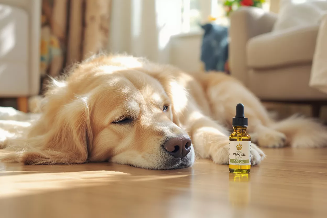 Un golden retriever descansando sobre un suelo de madera junto a una botella de aceite de CBD.