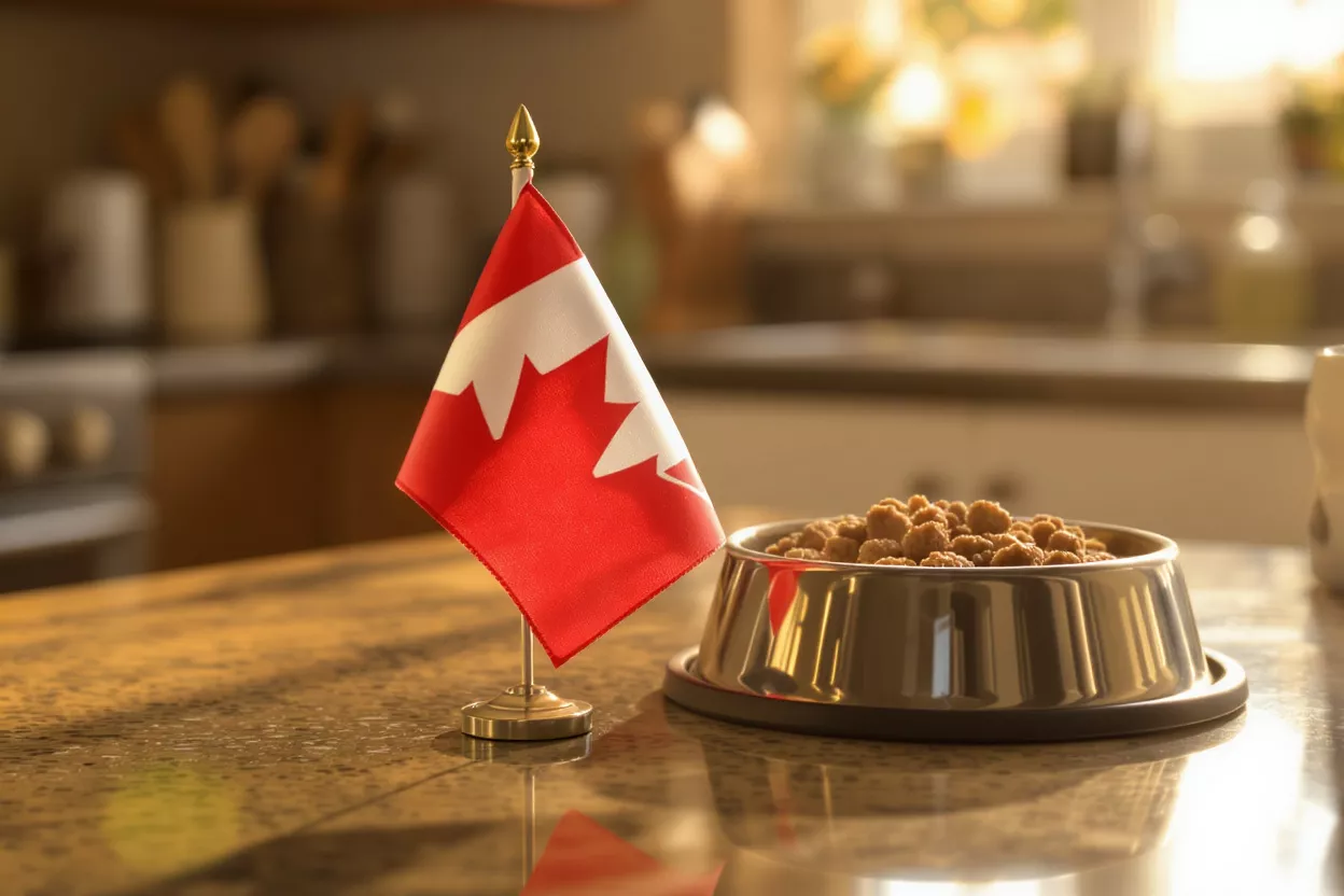 A small Canadian flag next to a bowl of pet food on a kitchen counter.