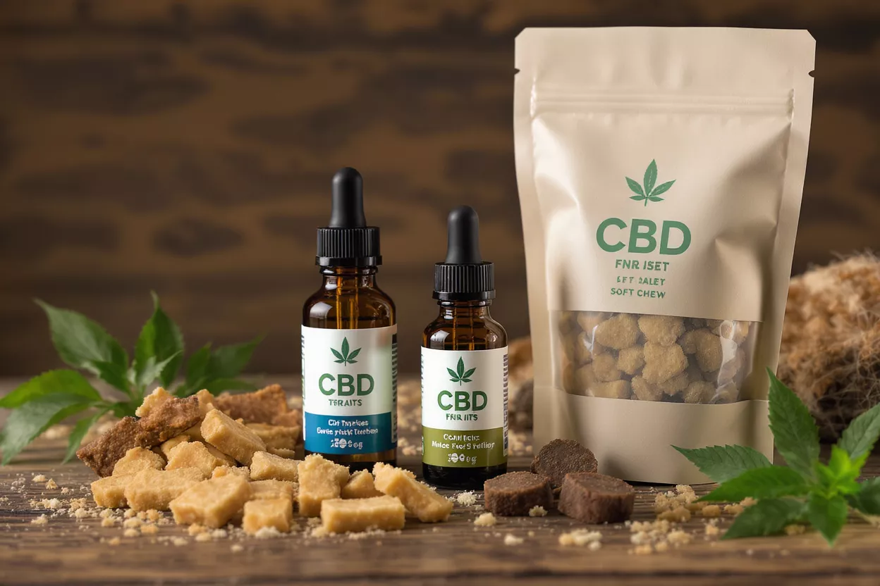 Botellas de aceite de CBD, gominolas y masticables blandos sobre una superficie de madera rústica.