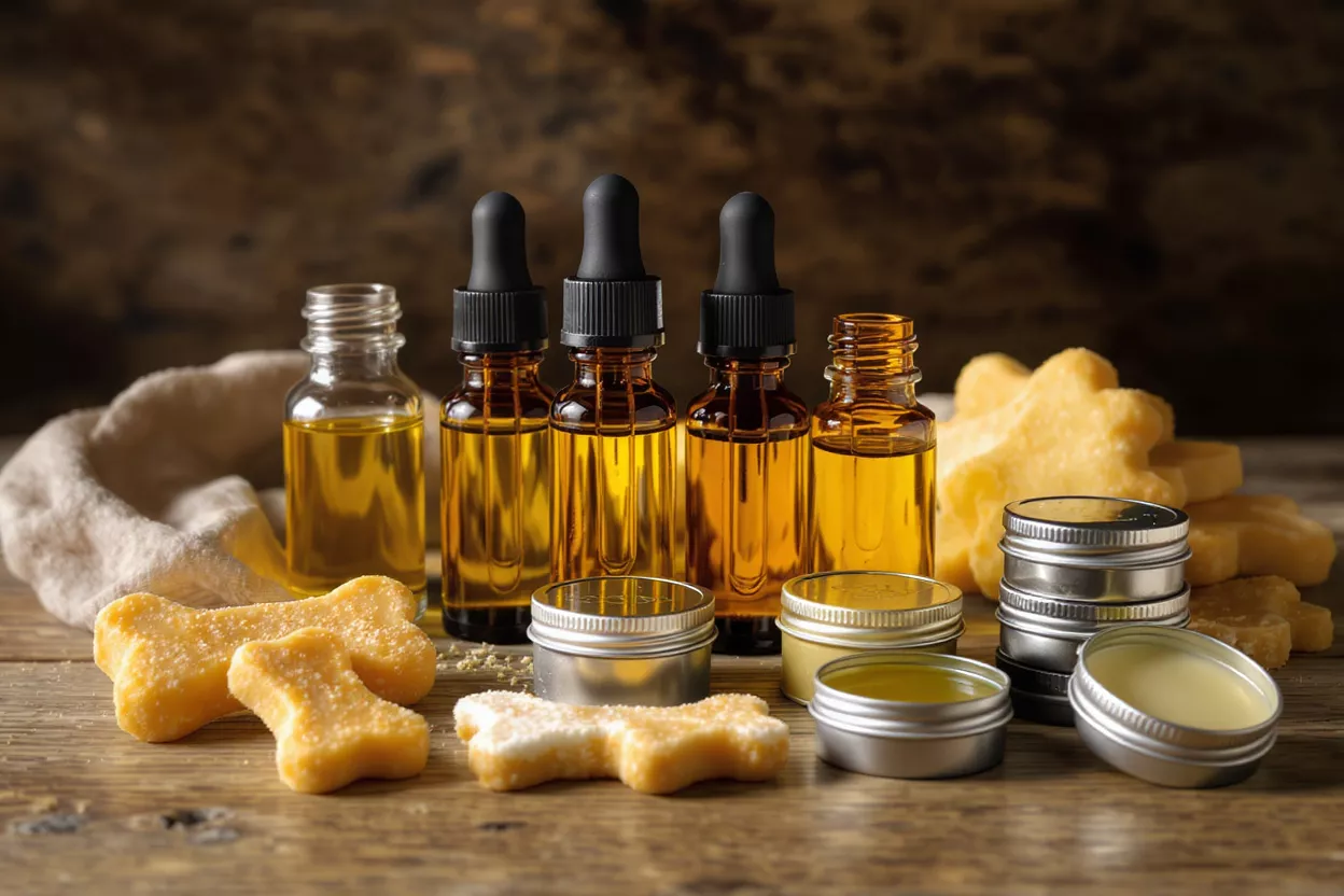 Aceites, Bálsamos y Premios CBD para Mascotas Varios productos CBD para mascotas: aceites en frascos goteros, bálsamos en latas y premios en forma de hueso.