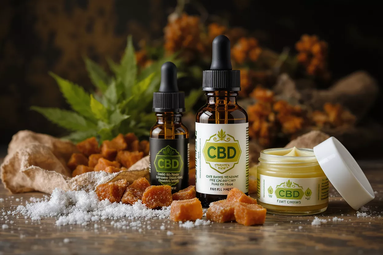 CBD oil tinctures, fruit chews, and cream on a wooden surface with cannabis leaves.