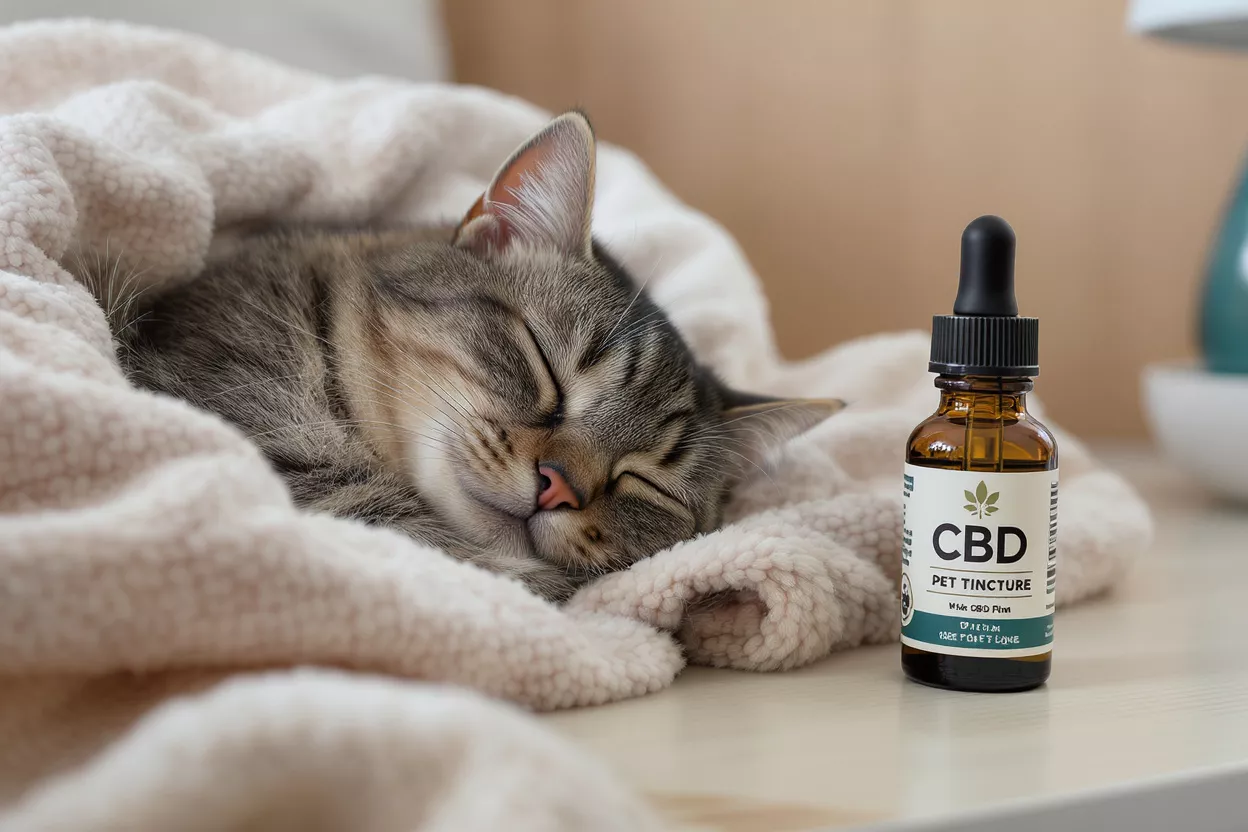 Un gato atigrado durmiendo plácidamente bajo una manta acogedora junto a una botella de tintura CBD para mascotas.