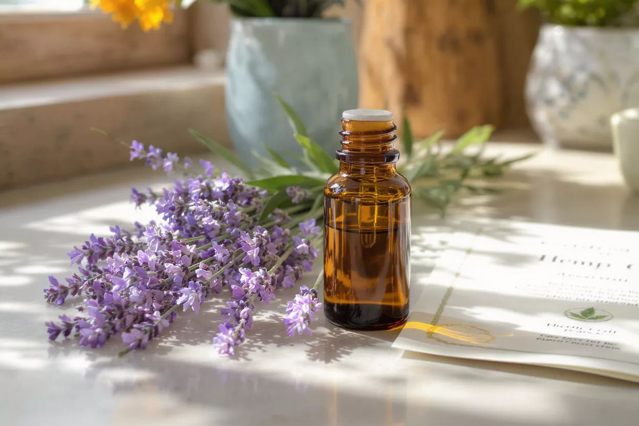 Aceite Esencial de Lavanda Frasco ámbar de aceite esencial junto a ramitas de lavanda fresca sobre una superficie iluminada por el sol.