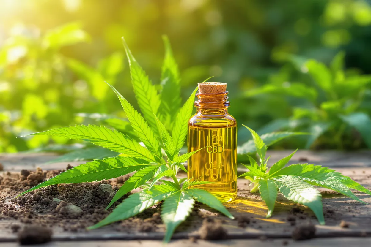 CBD oil bottle with cork stopper next to a vibrant green hemp plant in sunlight.