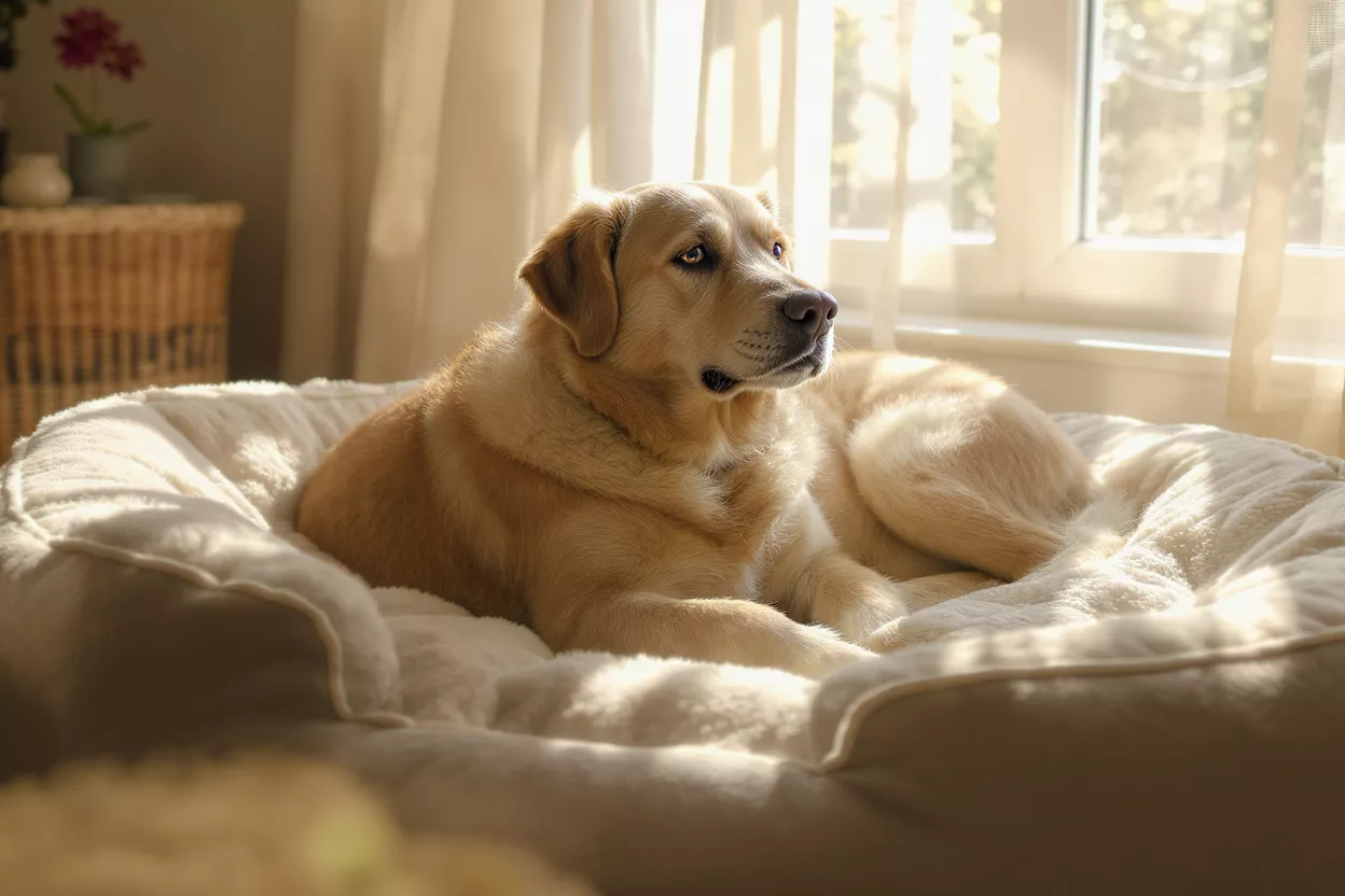 Un perro golden retriever descansando cómodamente en una cama para perros suave y mullida.