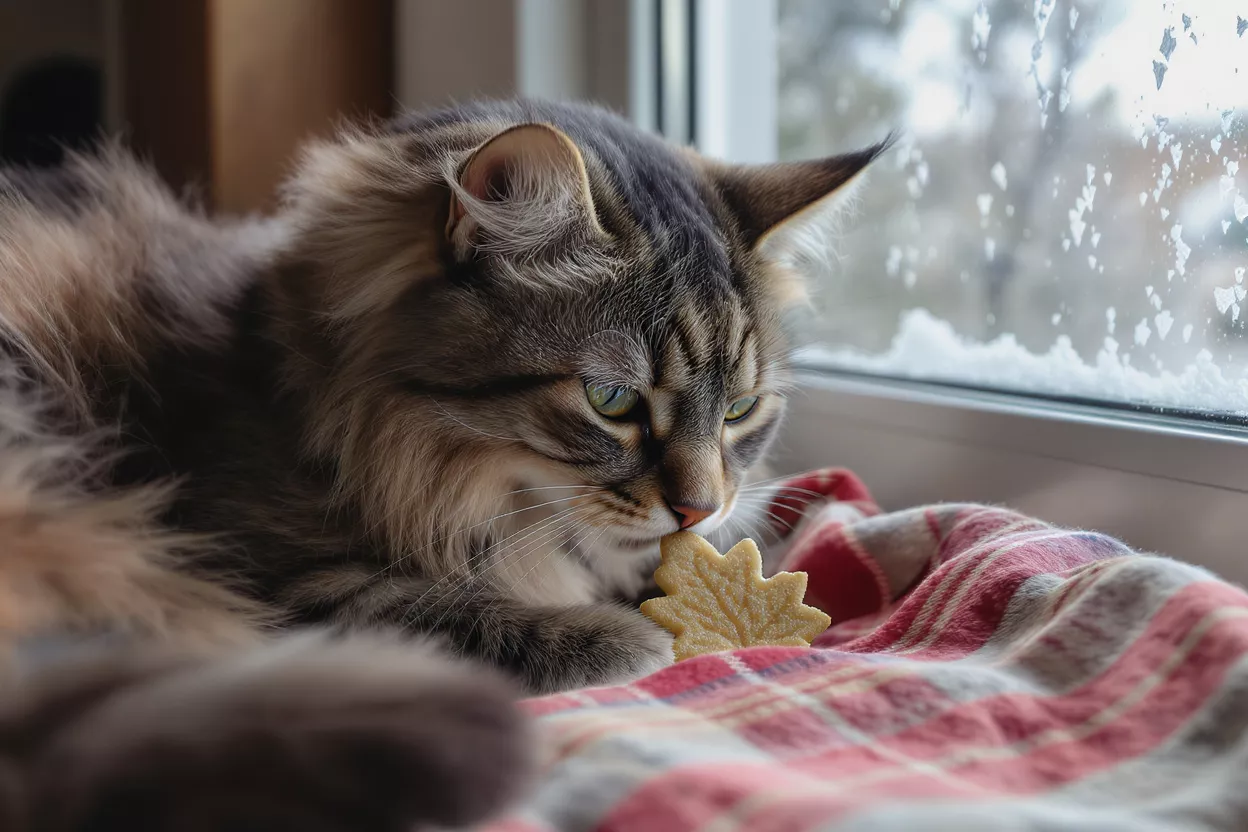 Gato con galleta de hoja de arce Un gato peludo huele una galleta de hoja de arce sobre una manta de cuadros junto a una ventana nevada.