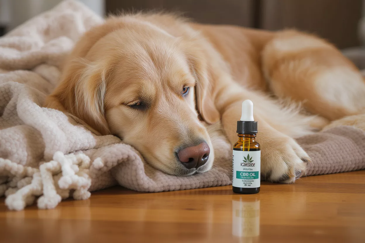 A golden retriever resting on a blanket next to a bottle of CBD oil.