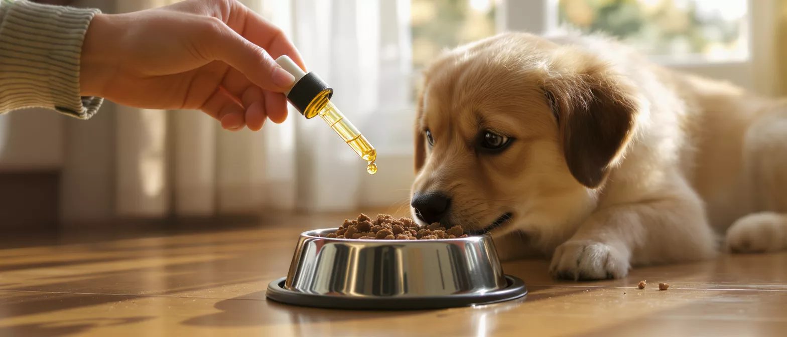 Hand adding CBD oil drops to a puppy's food bowl.